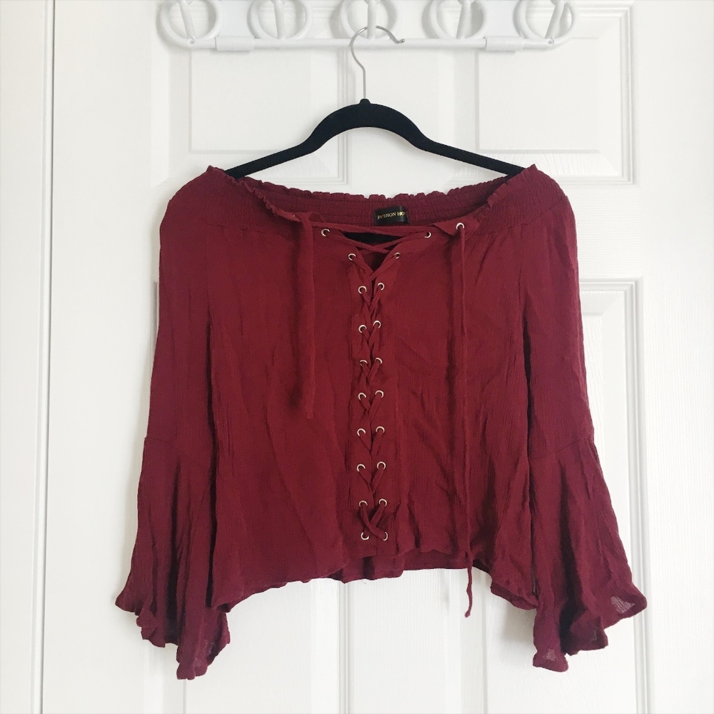 ❗3/$20 Burgundy Off-the-shoulder Lace-up Top